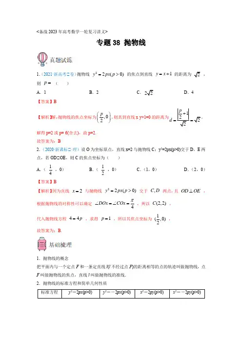 专题38 抛物线——备战2023年高考数学一轮复习讲义(解析版)
