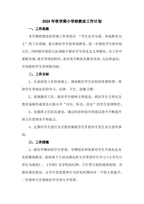 2020年秋学期小学政教处工作计划