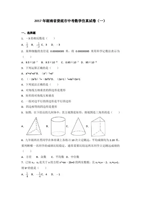湖南省娄底市2017届中考数学仿真试卷(解析版)(一)