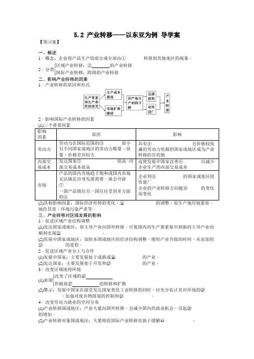 地理人教版高中必修3新人教版必修三第五章第二节产业转移——以东亚为例  学案