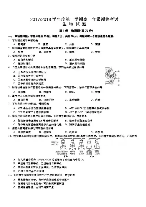 江苏省盐城市2017-2018学年高一下学期期末考试生物(含答案)