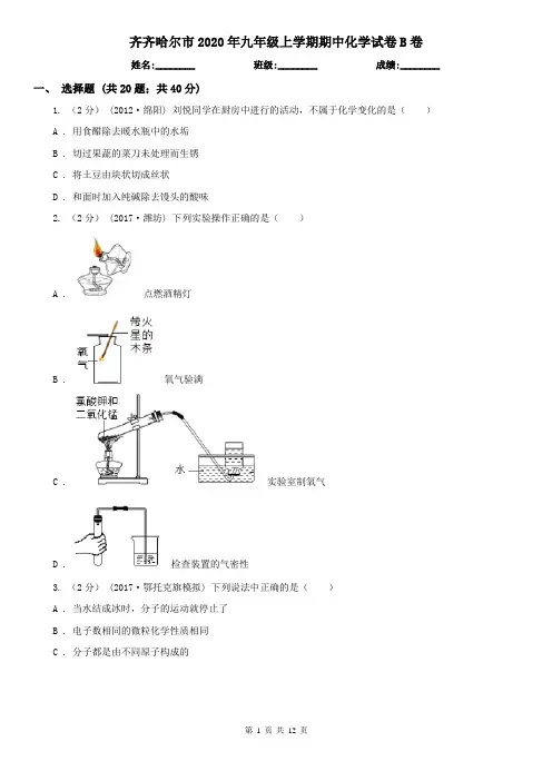 齐齐哈尔市2020年九年级上学期期中化学试卷B卷