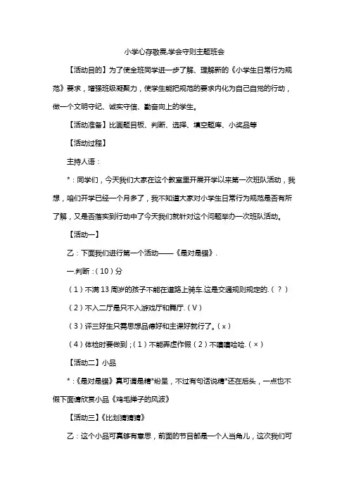 小学心存敬畏,学会守则主题班会