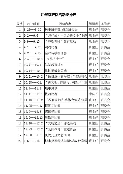 四年级班队活动安排表
