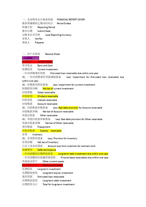 会计报表科目中英文对照