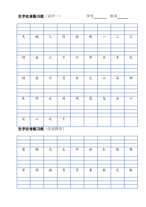 人教统编版一年级语文上册生字注音练习纸