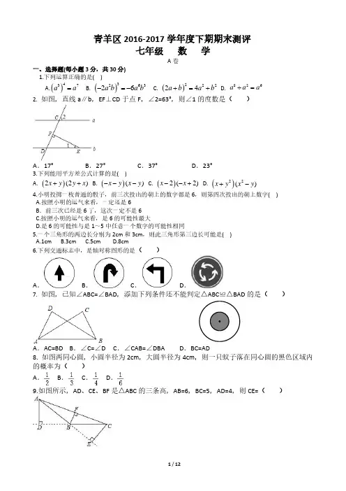 07-成都市青羊区2017年七年级下期期末数学考试题(含答案)
