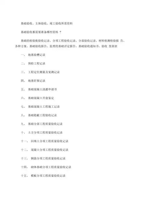 基础验收主体验收竣工验收所需资料精