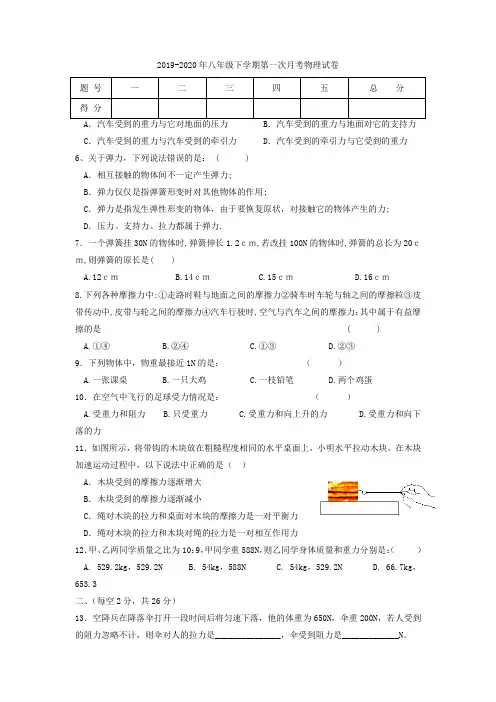 2019-2020年八年级下学期第一次月考物理试卷