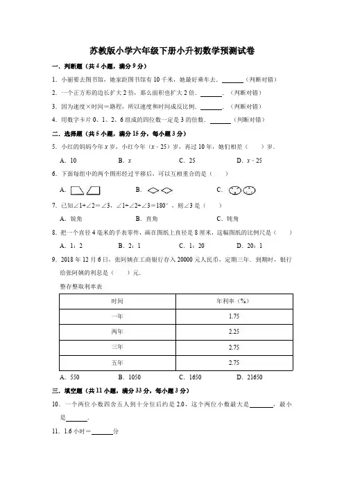 六年级下册数学试题 - 小升初预测试卷5    苏教版(含解析)