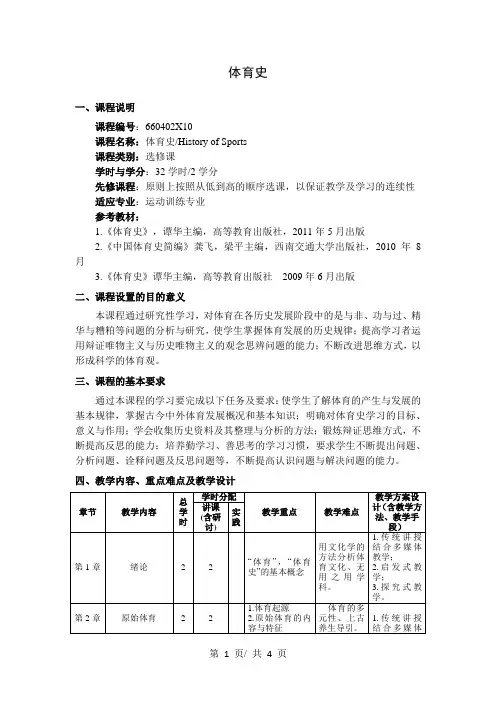 体育史   体育专业技能训练7 教学大纲