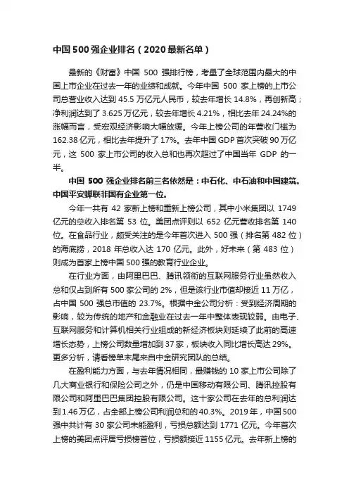 中国500强企业排名（2020最新名单）