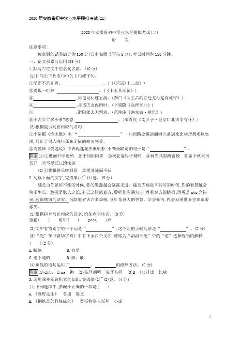 2020年安徽省初中学业水平模拟考试(二)