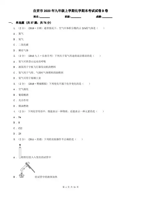 自贡市2020年九年级上学期化学期末考试试卷B卷