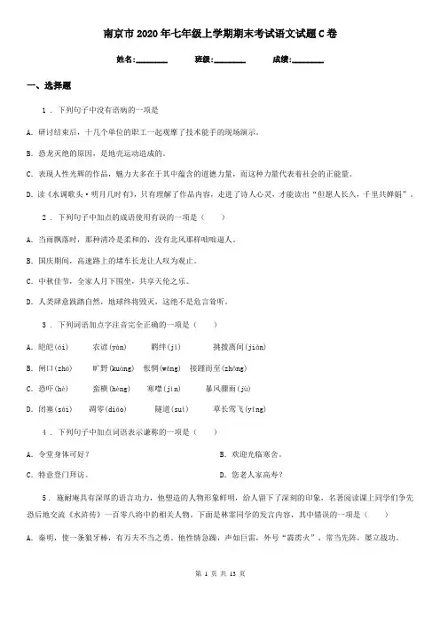 南京市2020年七年级上学期期末考试语文试题C卷(模拟)