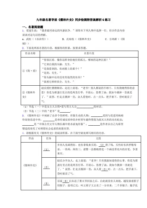 九年级名著导读《儒林外史》同步检测附答案解析6练习