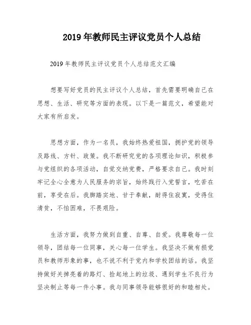 2019年教师民主评议党员个人总结