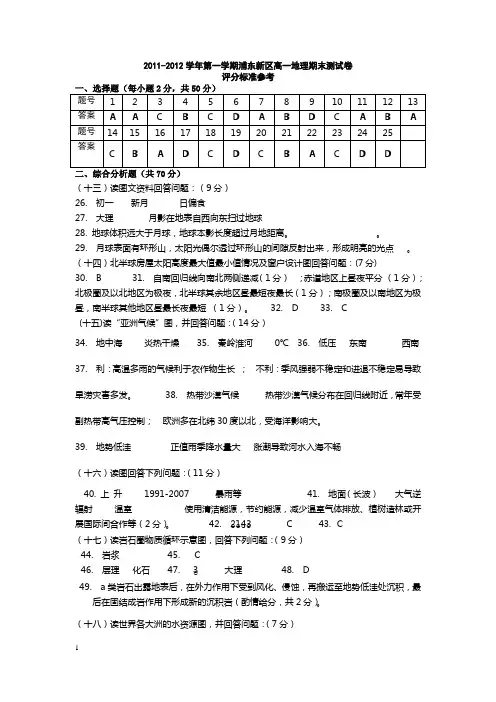 201201浦东新区高一地理期末试卷评分参考