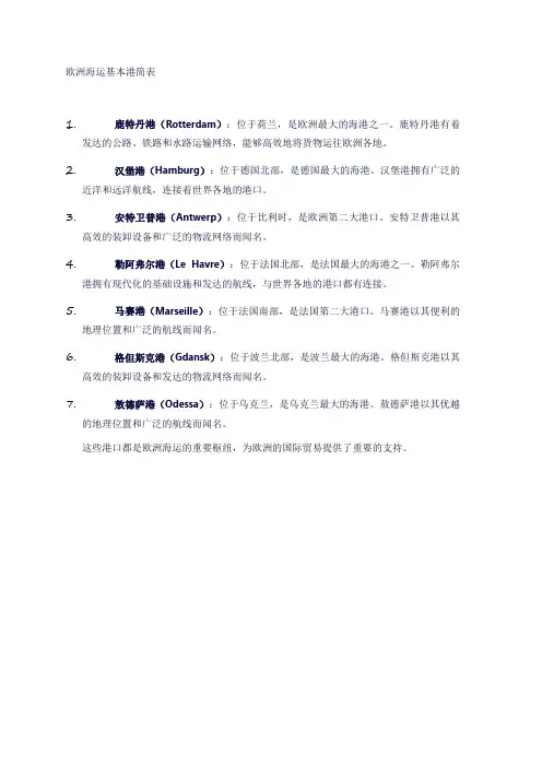 欧洲海运基本港简表