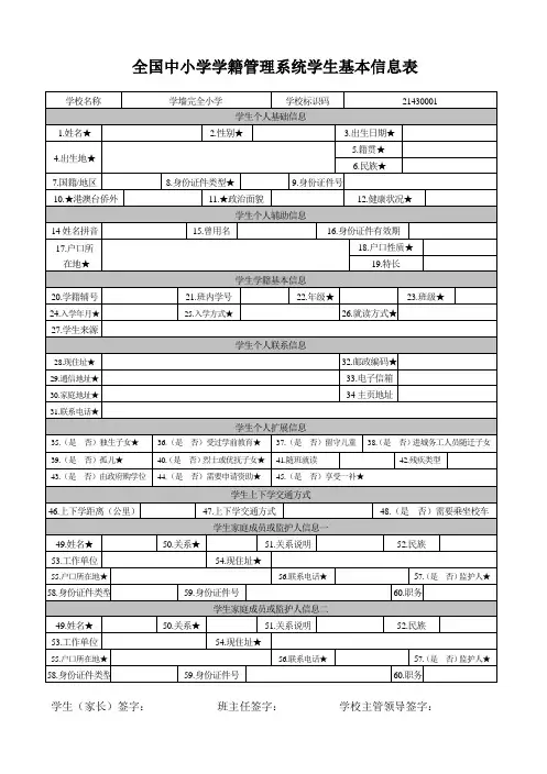全国中小学学籍管理系统学生基本信息表(学墙)