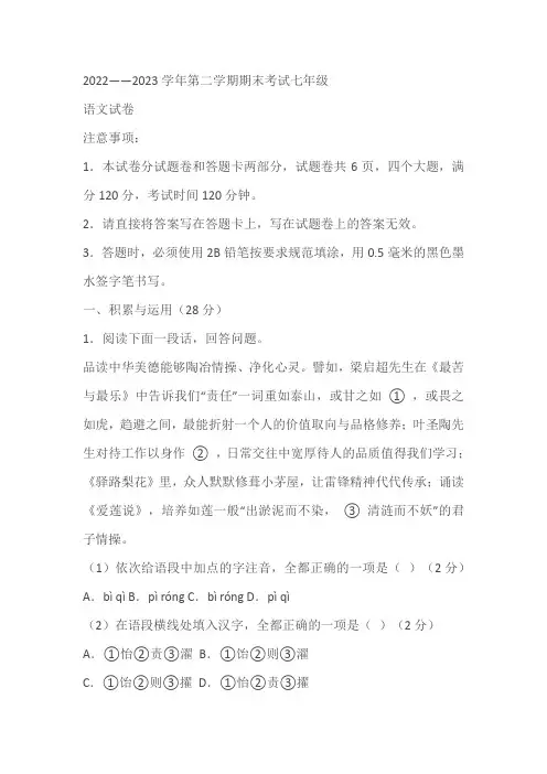 河南省洛阳市嵩县2022-2023学年七年级下学期期末语文试题(含解析)
