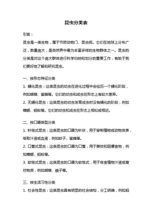 昆虫分类表