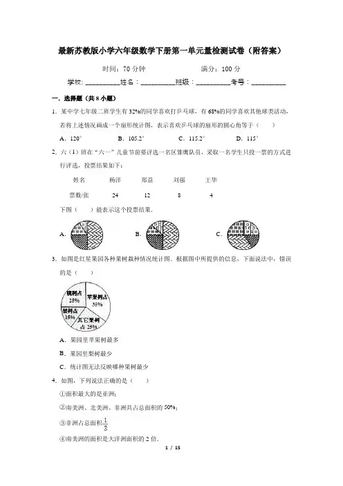 最新苏教版小学六年级数学下册第一单元量检测试卷(附答案)