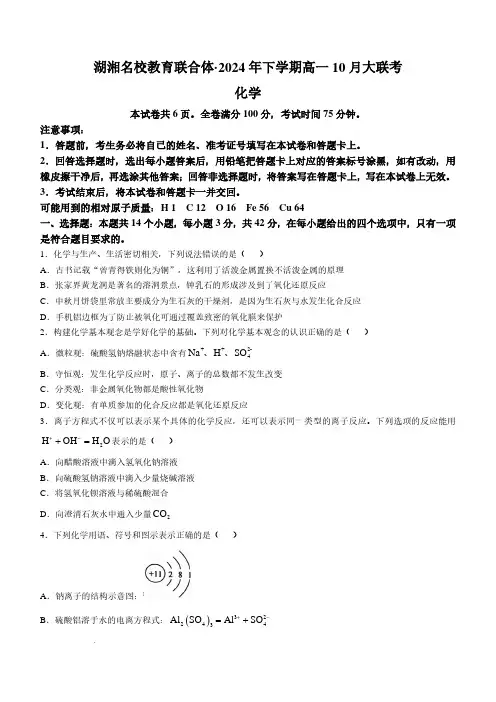 湖南名校教育联合体2024年高一10月月考化学试题