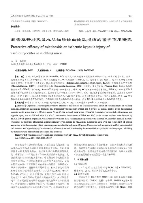 积雪草苷对乳鼠心肌细胞缺血缺氧损伤的保护作用研究