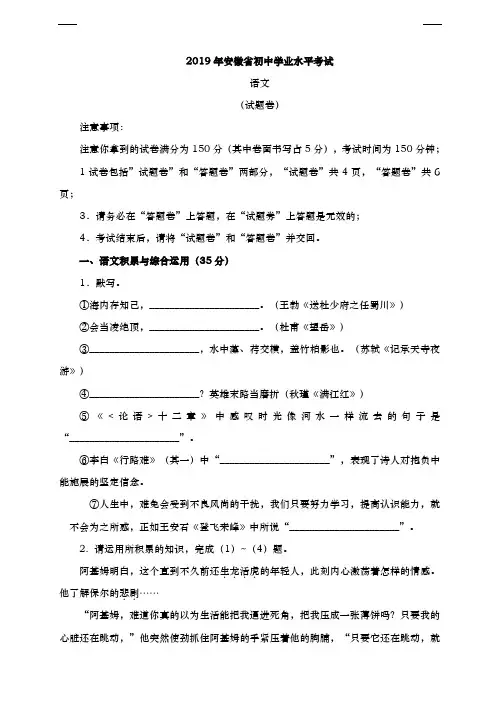 2019年安徽省中考语文试卷及答案(Word版)--