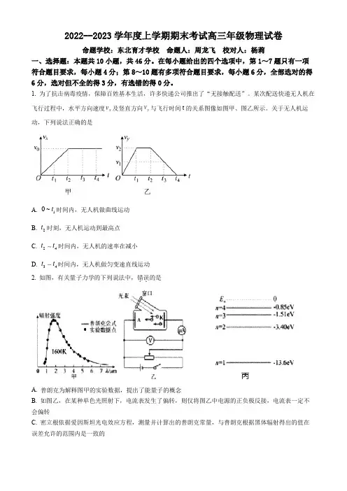 辽宁省实验、东北育才、鞍山一中、大连八中、大连二十四中五校22-23年高三上学期期末物理试题 附答案