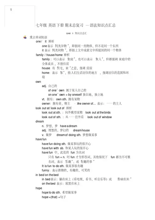 七年级英语下册期末总复习知识点总结牛津译林版
