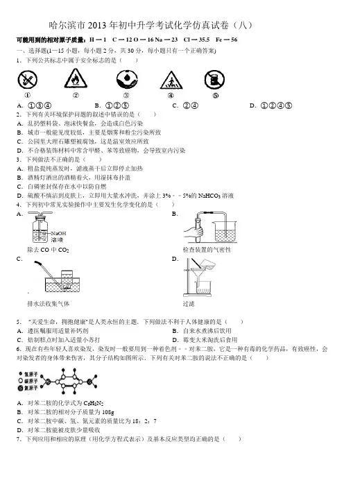 哈尔滨市2013年初中升学考试化学仿真试卷(八)