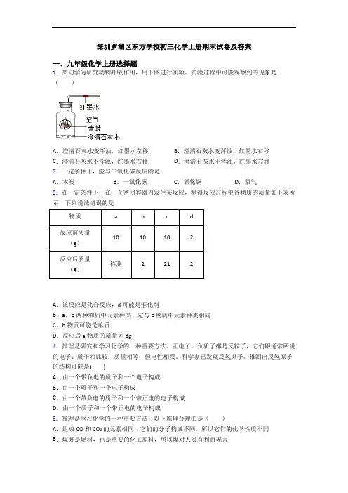 深圳罗湖区东方学校初三化学初三化学上册期末试卷及答案