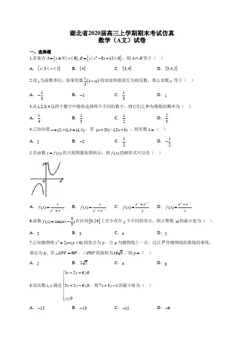 湖北省2020届高三上学期期末考试仿真数学(A文)试卷