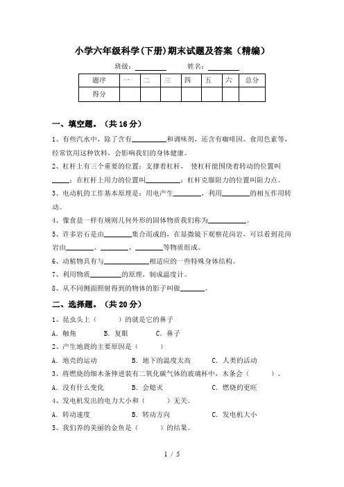 小学六年级科学(下册)期末试题及答案(精编)