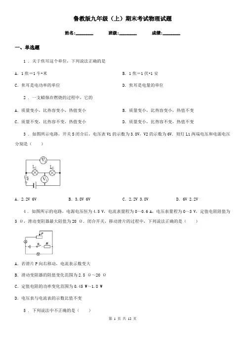 鲁教版九年级(上)期末考试物理试题新版