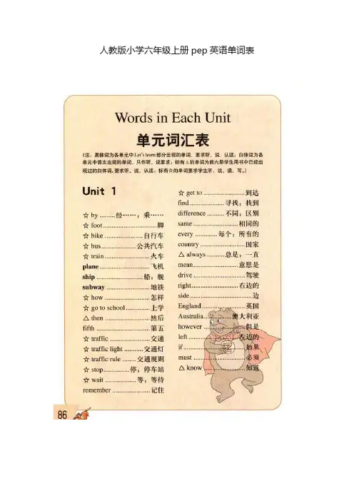 人教版小学六年级上册pep英语单词表