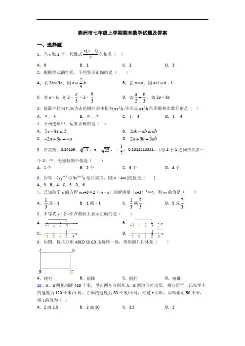 株洲市七年级上学期期末数学试题及答案
