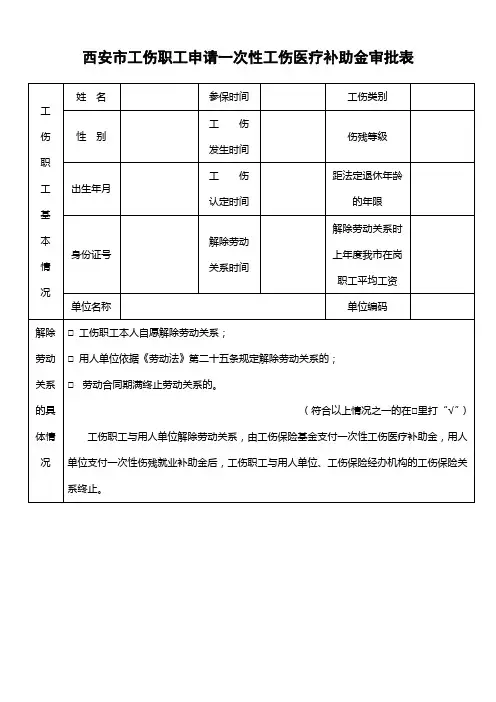 西安市工伤职工申请一次性工伤医疗补助金审批表