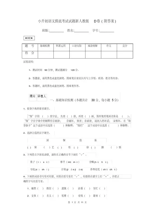 小升初语文摸底考试试题新人教版D卷(附答案)