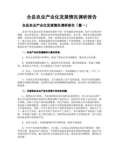 全县农业产业化发展情况调研报告