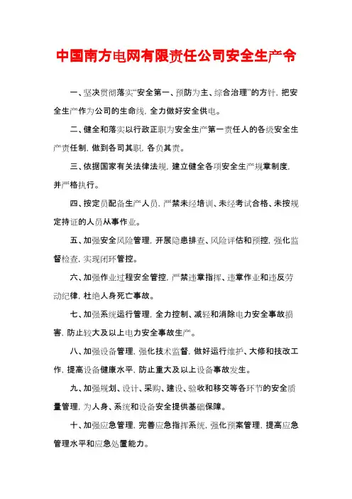南方电网有限责任公司安全生产令(可编辑修改word版)