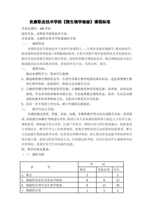 安康职业技术学院《微生物学检验》课程标准