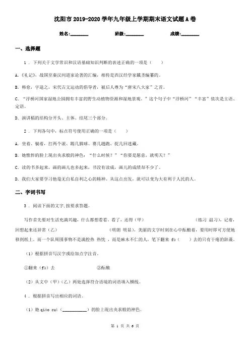 沈阳市2019-2020学年九年级上学期期末语文试题A卷