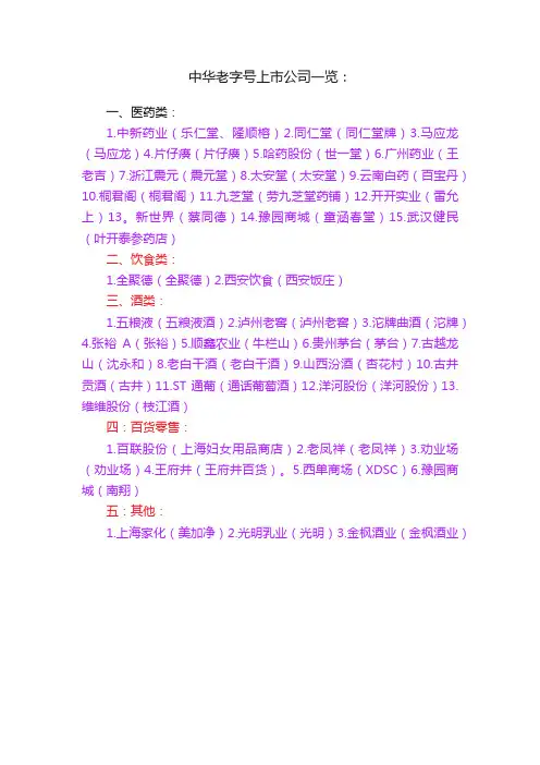 中华老字号上市公司一览：