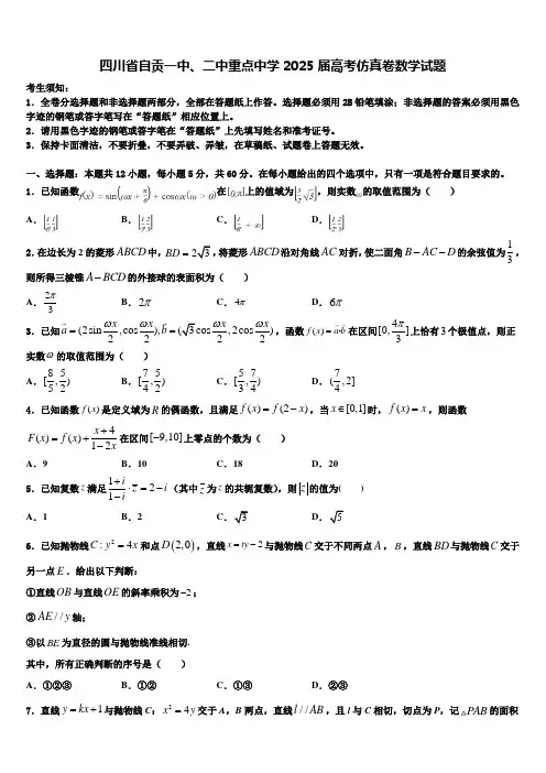 四川省自贡一中、二中重点中学2025届高考仿真卷数学试题含解析