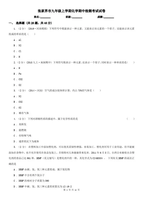 张家界市九年级上学期化学期中检测考试试卷