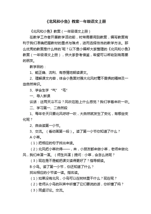 《北风和小鱼》教案（一年级语文上册）
