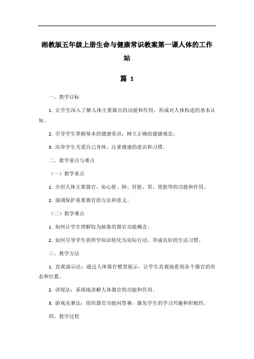 湘教版五年级上册生命与健康常识教案第一课人体的工作站